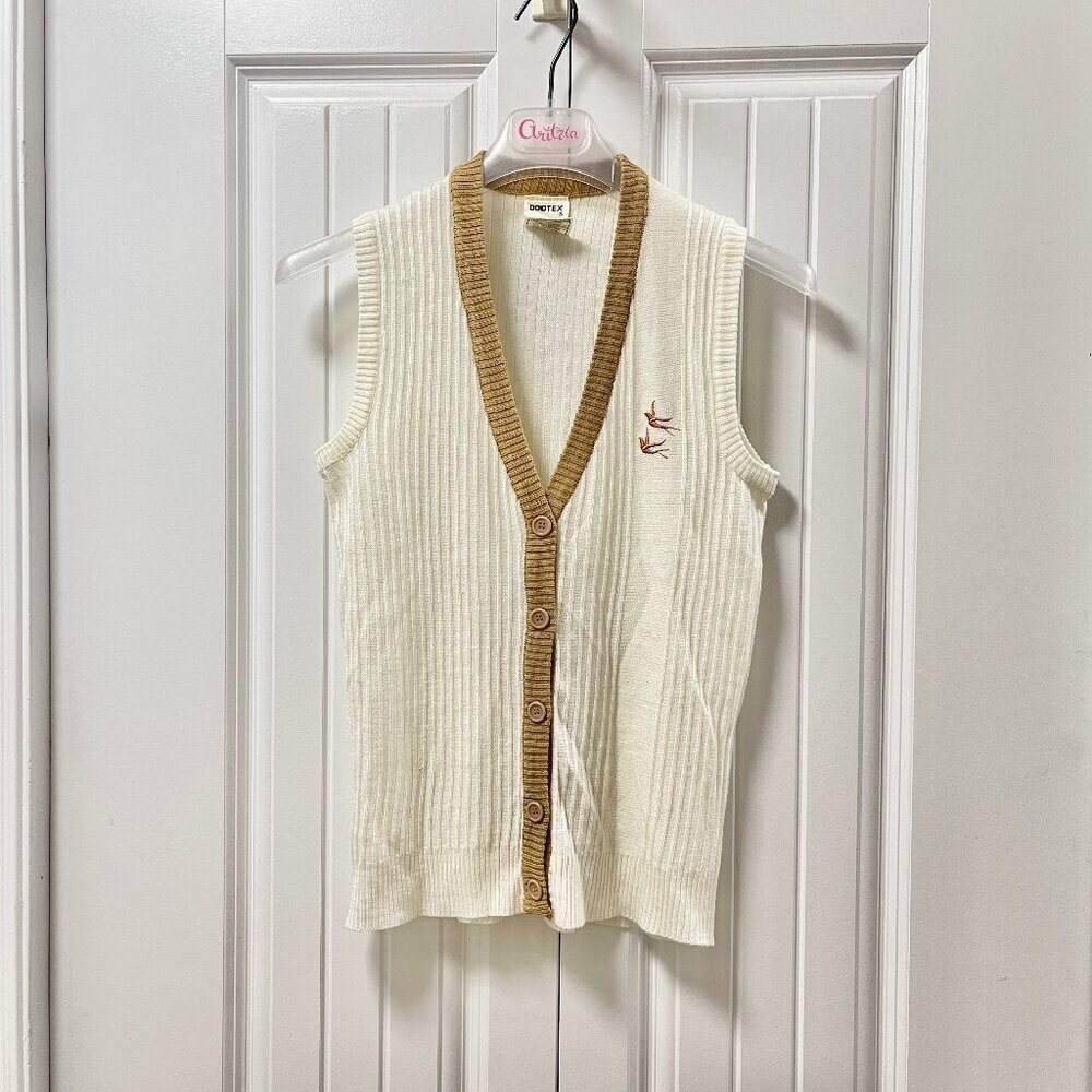 Vintage Dodtex Trim V-Neck Embroidered Bird Button Vest Cream & Tan